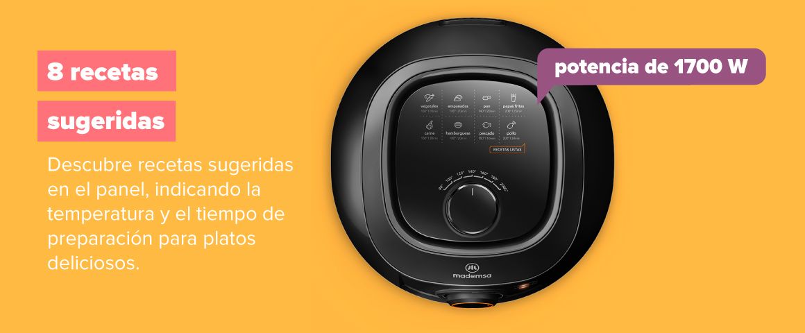 8 recetas sugeridas y potencia de 1700 W. Descubre recetas sugeridas en el panel, indicando temperatura y tiempo de preparación.