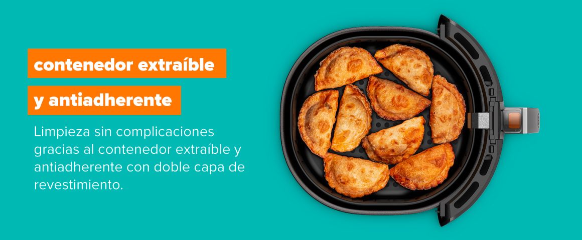 Contenedor extraíble y antiadherente. Limpieza sin complicaciones gracias al contenedor extraíble y antiadherente con doble capa de revestimiento.