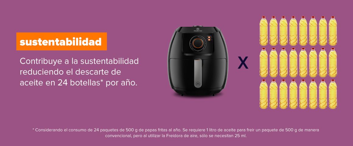 Sustentabilidad. Contribuye a la sustentabilidad reduciendo el descarte de aceite en 24 botellas por año.