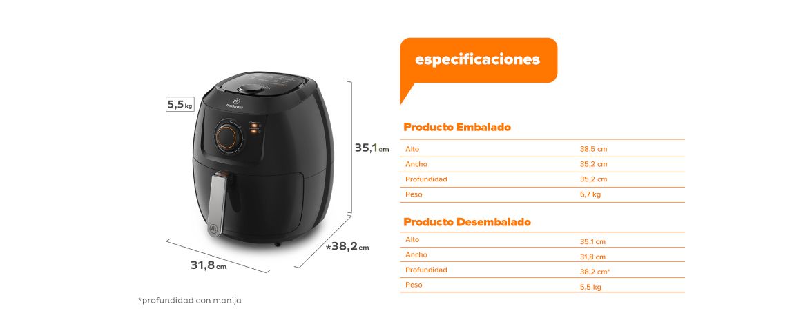 Especificaciones técnicas: Alto 35,1 cm, Ancho 31,8 cm, Profundidad 38,2 cm y Peso 5,5 kg.
