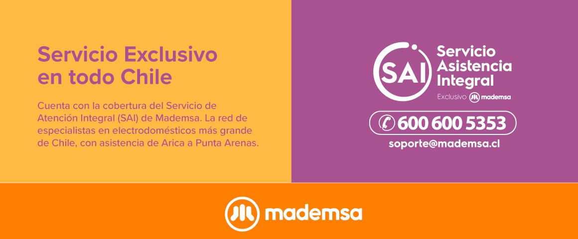 Servicio Asistencia Integral (SAI): 600 600 5353 | soporte@mademsa.cl. Cobertura del Servicio de Asistencia Integral (SAI) de Mademsa, la red de especialistas en electrodomésticos más grande de Chile, con asistencia de Arica a Punta Arenas.
