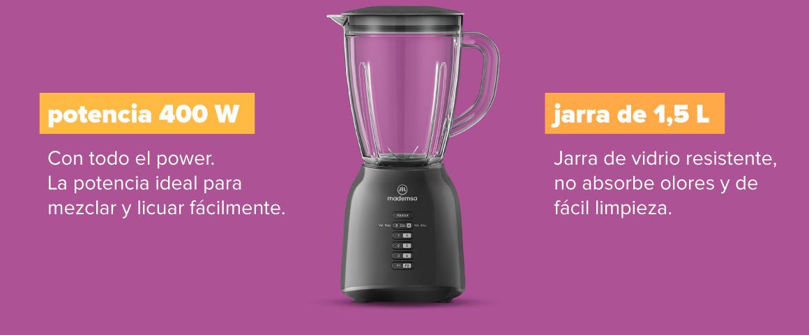 Atributos: Potencia 400 W: Con todo el power. La potencia ideal para mezclar y licuar fácilmente. Jarra de 1,5 L : Jarra de vidrio resistente, no absorbe olores y de fácil limpieza.