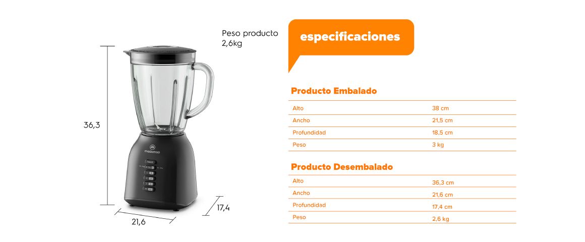 Especificaciones: Producto embalado: Alto 38cm, Ancho 21,5cm, Profundidad 18,5cm y Peso 3kg. Producto Desembalado: Alto 36,3cm, Ancho 21,6cm, Profundidad 17,4cm y Peso 2,6kg.