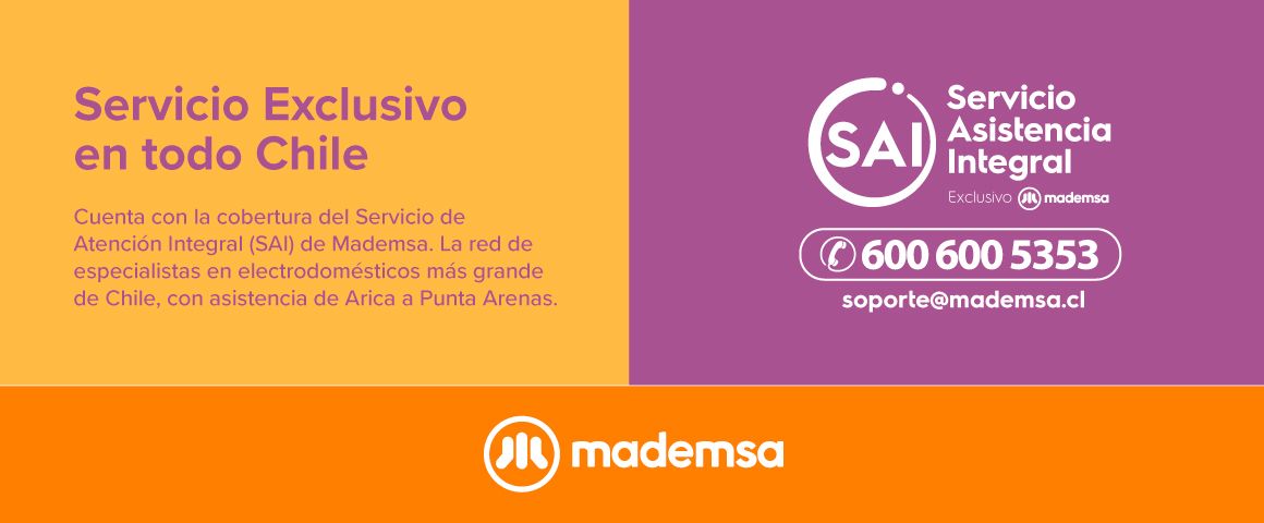 Servicio Asistencia Integral (SAI)  600 600 5353  soporte@mademsa.cl. Cuenta con la cobertura del Servicio de Asistencia Integral (SAI) de Mademsa. La red de especialistas en electrodomésticos más grande de Chile, con asistencia de Arica a Punta Arenas. 