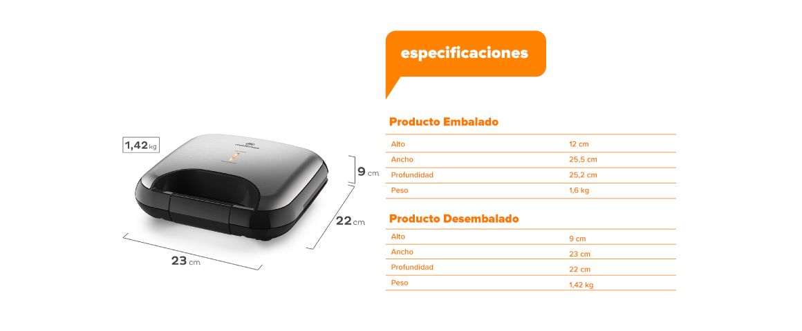 Especificaciones: Producto Embalado: Alto 12cm, Ancho 25,5cm, Profundidad 25,2cm y Peso 1,6kg. Producto Desembalado: Alto 9cm, Ancho 23cm, Profundidad 22cm y Peso 1,42kg.
