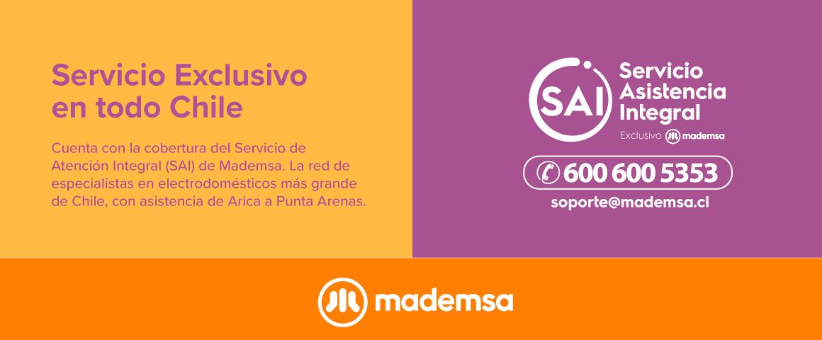 Servicio Asistencia Integral (SAI)  600 600 5353  soporte@mademsa.cl. Cuenta con la cobertura del Servicio de Asistencia Integral (SAI) de Mademsa. La red de especialistas en electrodomésticos más grande de Chile, con asistencia de Arica a Punta Arenas. 