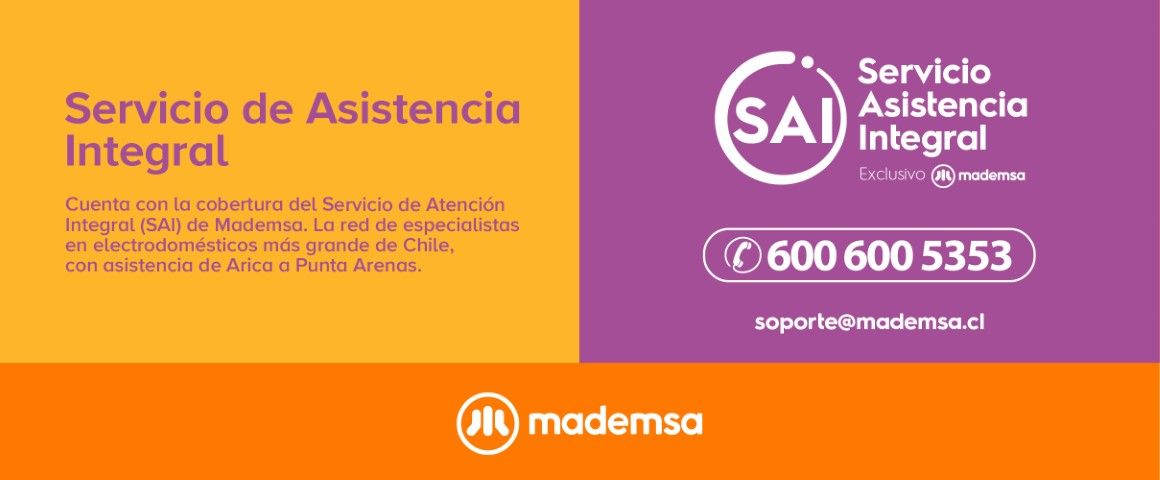 Servicio Asistencia Integral (SAI) 600 600 5353 soporte@electrolux.com.Cuenta con la cobertura del Servicio de Asistencia Integral (SAI) de Mademsa. La red de especialistas en electrodomésticos más grande de Chile, con asistencia de Arica a Punta Arenas. 