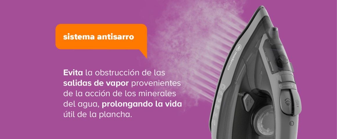 sistema antisarro.Evita la obstrucción de las salidas de vapor provenientes de la acción de los minerales del agua, prolongando la vida útil de la plancha.