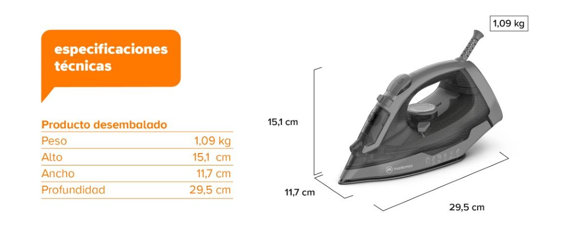 especificaciones técnicas.Producto desembalado: Peso 1,09 kg, Alto 15,1 cm, Ancho 11,7 cm y Profundidad 29,5 cm