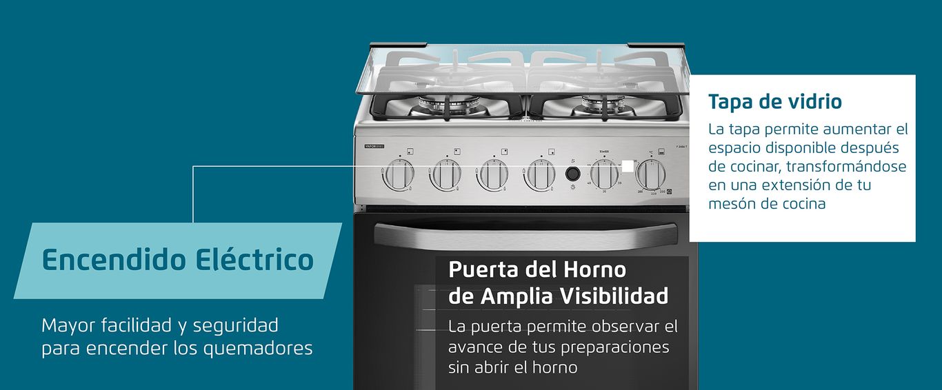 Encendido eléctrico - Puerta del horno de amplia visibilidad - Cubierta de vidrio