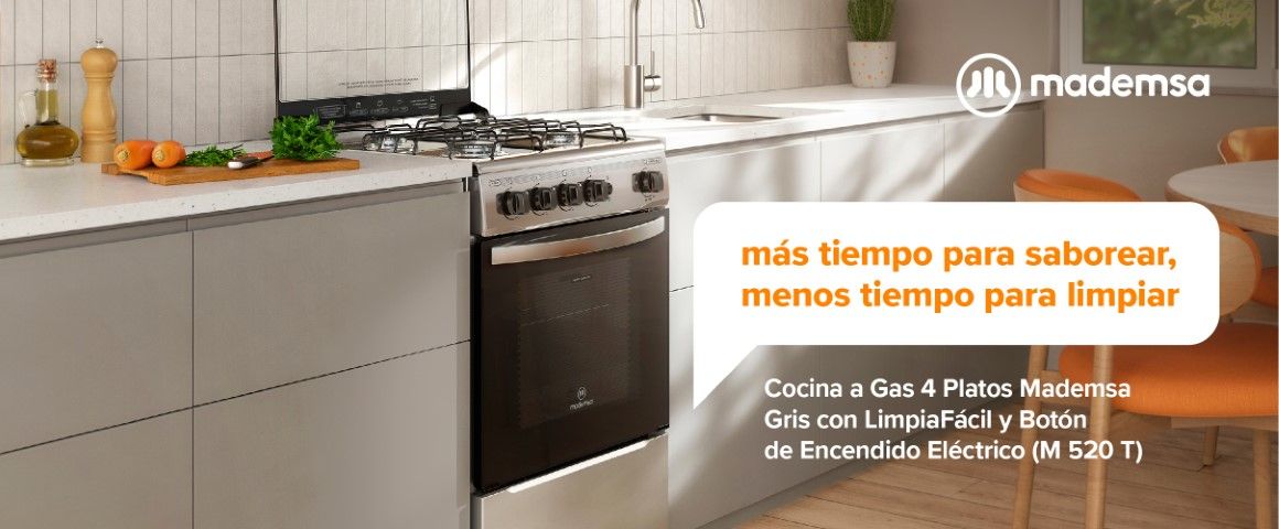 Cocina a gas 4 platos Mademsa gris con LimpiaFácil y botón de encendido eléctrico M 520 T