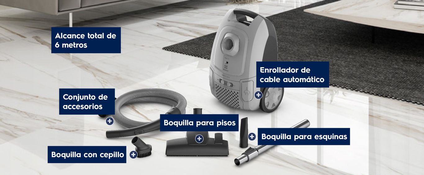 Alcance total de 6 metros, conjunto de accesorios, boquilla con cepillo, boquilla para pisos y para esquinas, enrollador de cable automático.