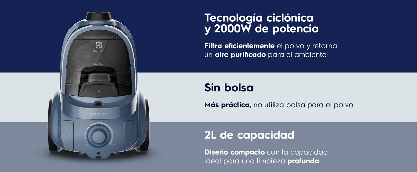 Tecnología ciclónica, 2000W de potencia, sin bolsa y 2L de capacidad.