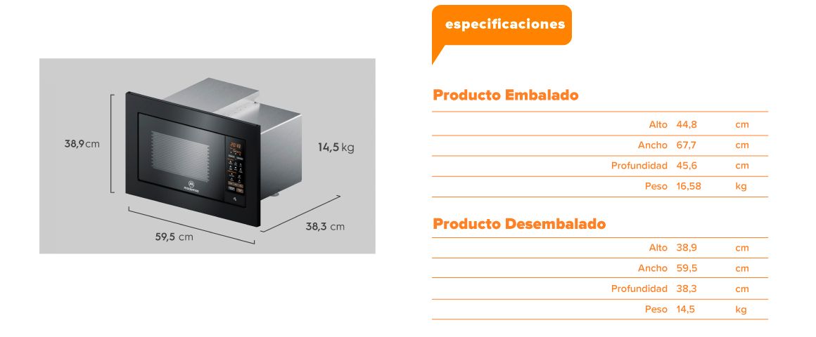 Especificaciones: Producto embalado: Alto 44,8cm, Ancho 67,7cm, Profundidad: 45,6cm, Peso 16,58kg. Producto desembalado: Alto 38,9cm, Ancho 59,5cm, Profundidad: 38,3cm, Peso 14,5kg.