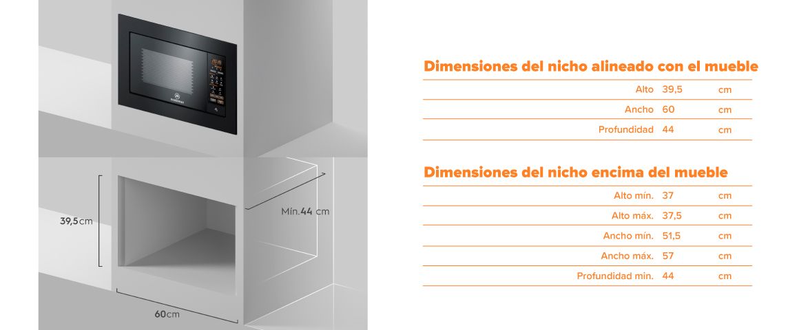 Dimensiones nicho. Dimensiones del nicho alineado con el mueble: Alto 39,5cm, Ancho 60cm, Profundidad: 44cm. Dimensiones del nicho encima del mueble: Alto mín. 37cm, Alto máx. 37,5cm, Ancho mín. 51,5cm, Ancho máx. 57cm, Profundidad mín. 44cm.