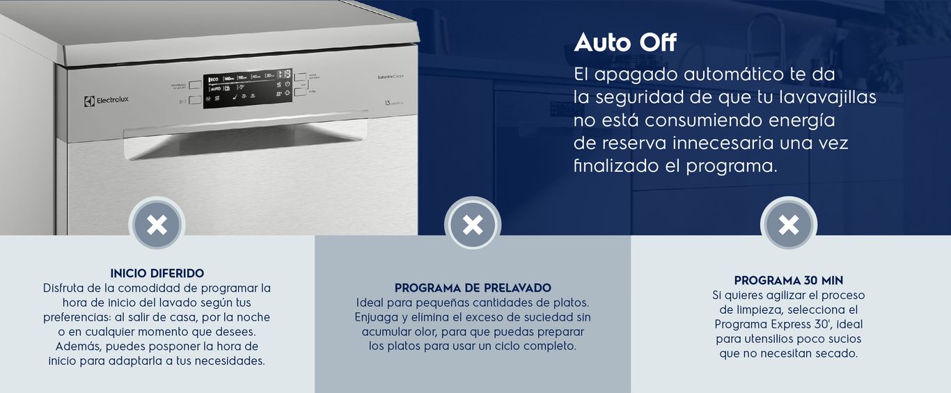 Programa: Auto Off, Inicio diferido, Programa de Prelavado y Programa 30min