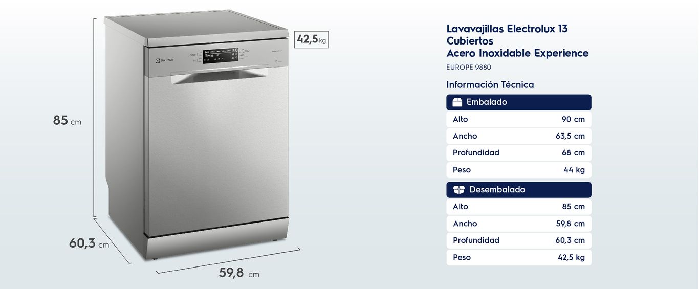 Dimensiones producto: Embalado: Alto 90cm, Ancho 63,5cm, Profundidad 68cm y Peso 44kg. Desembalado: Alto 85cm, Ancho 59,8cm, Profundidad 60,3cm y Peso 42,5kg.