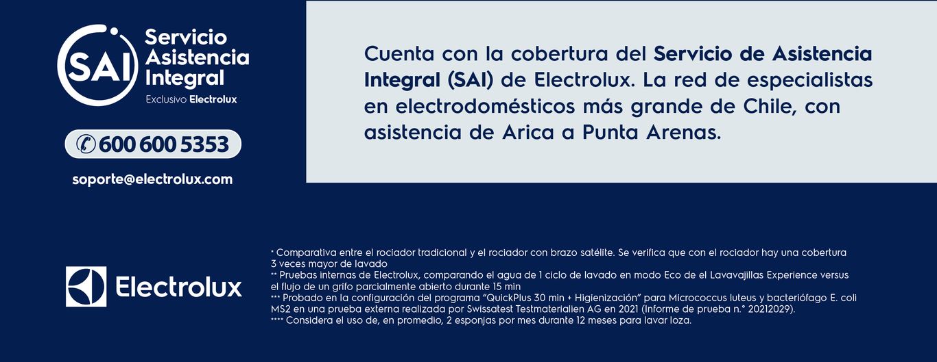 Servicio Asistencia Integral 600 600 5353 / soporte@electrolux.com