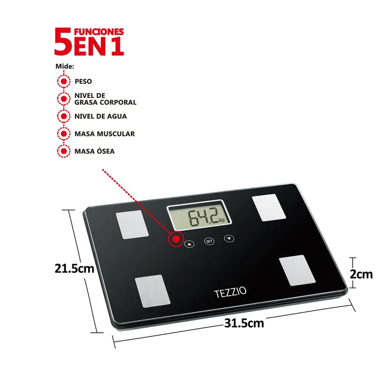 Báscula Digital Medidora de Grasa, Agua, Masa Ósea Muscular TEZZIO