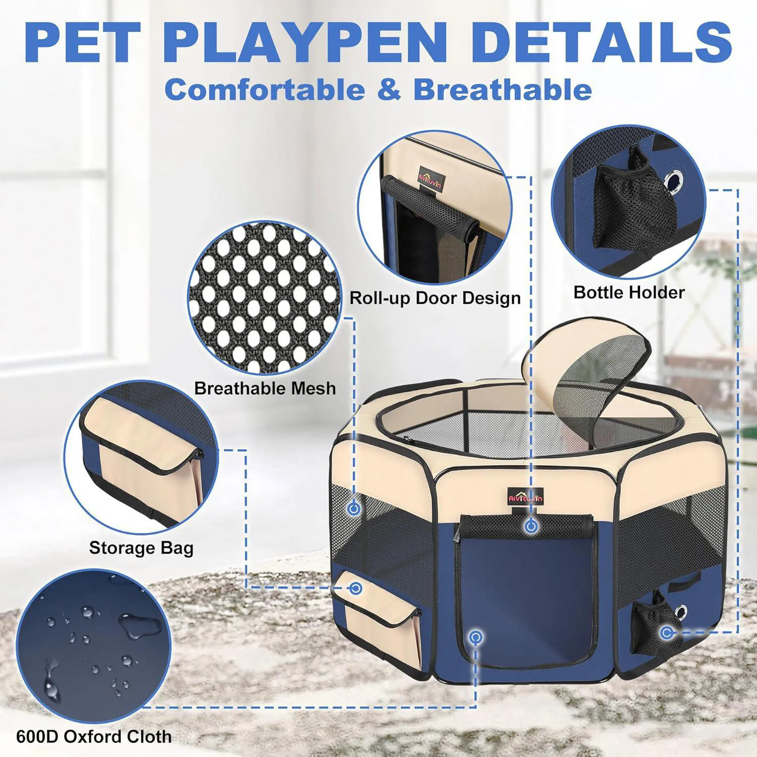 Corral Plegable Azul para Mascotas con Bolsa de Transporte Aivituvin