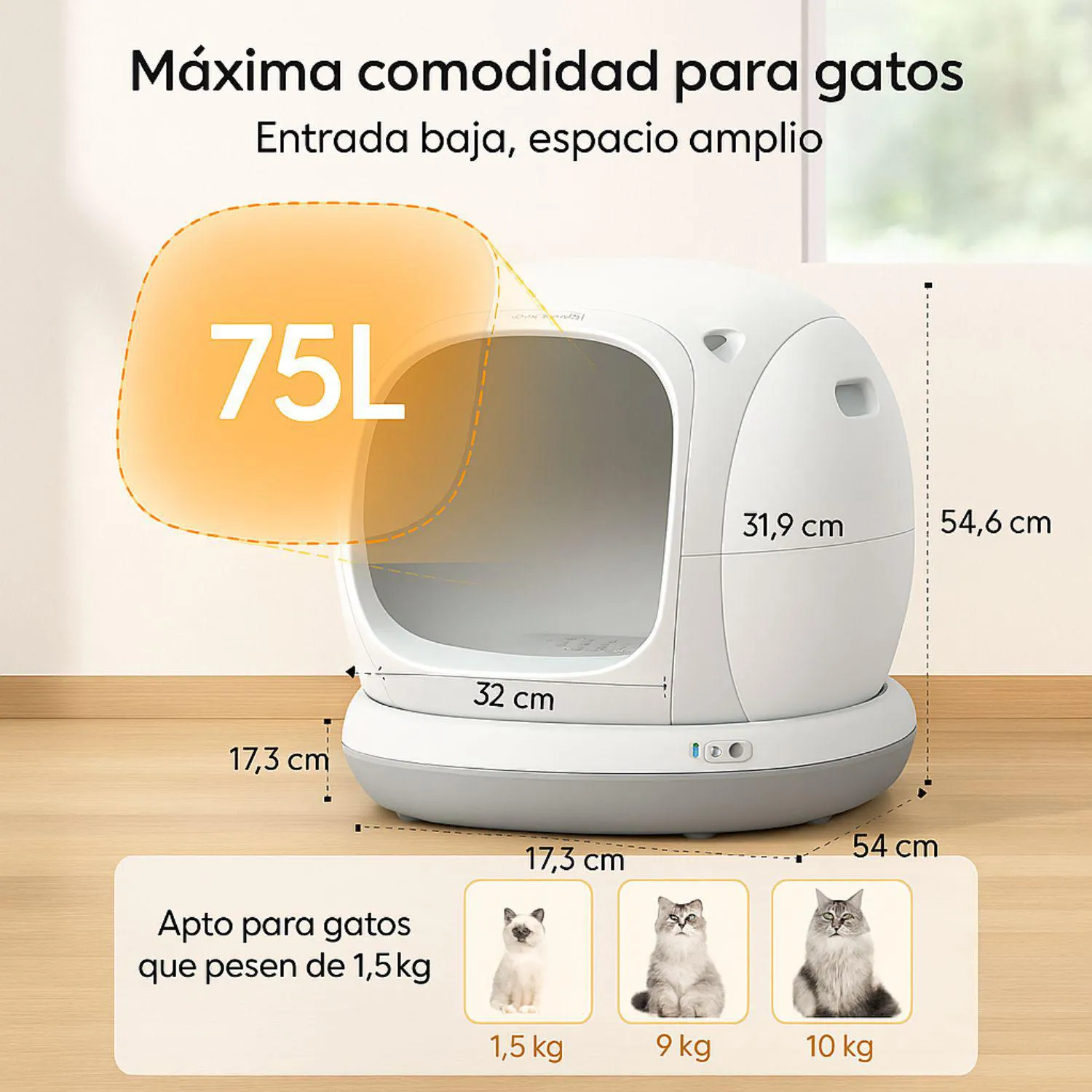 Arenero Automático para Gatos Meowant 75 L con Control por App y Entrada Baja 7
