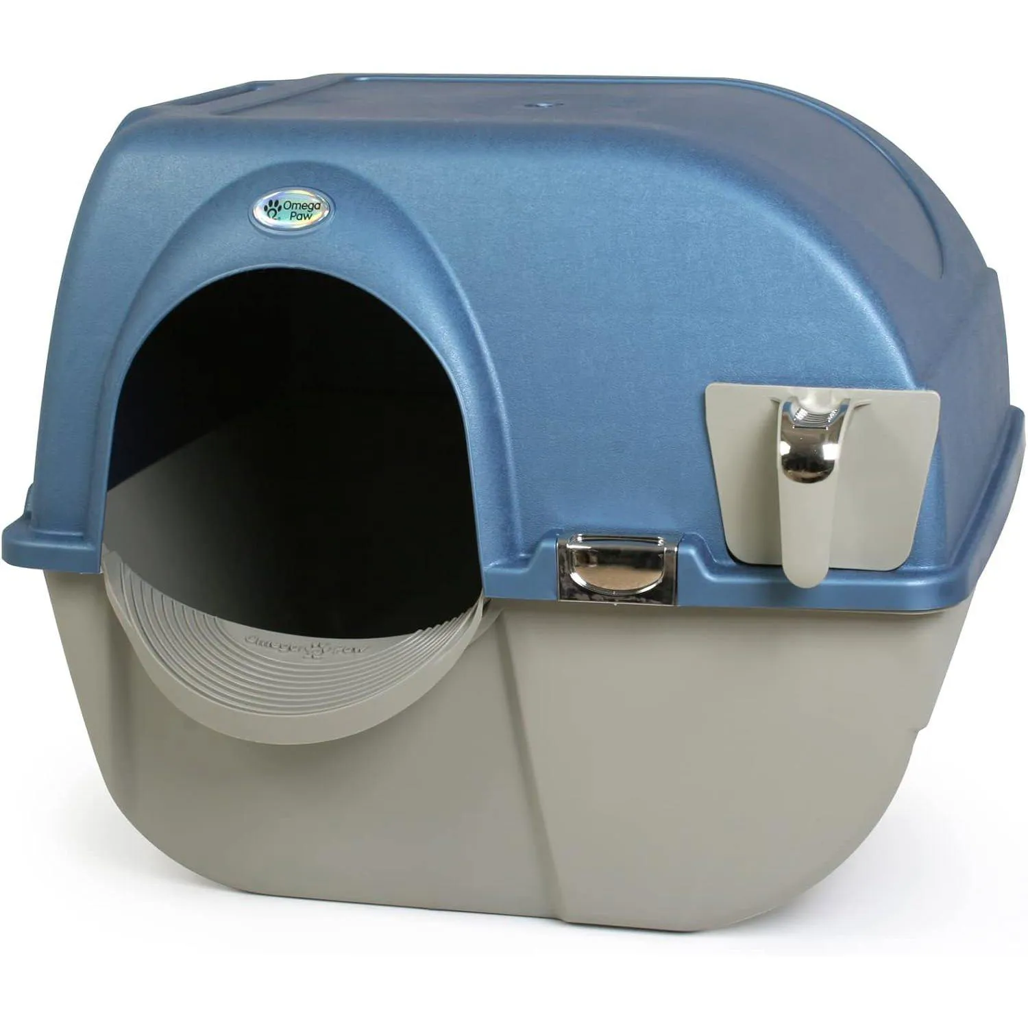 Arenero con Autolimpieza para Gatos Omega Paw Roll 'n Clean Premium Color Azul Perla