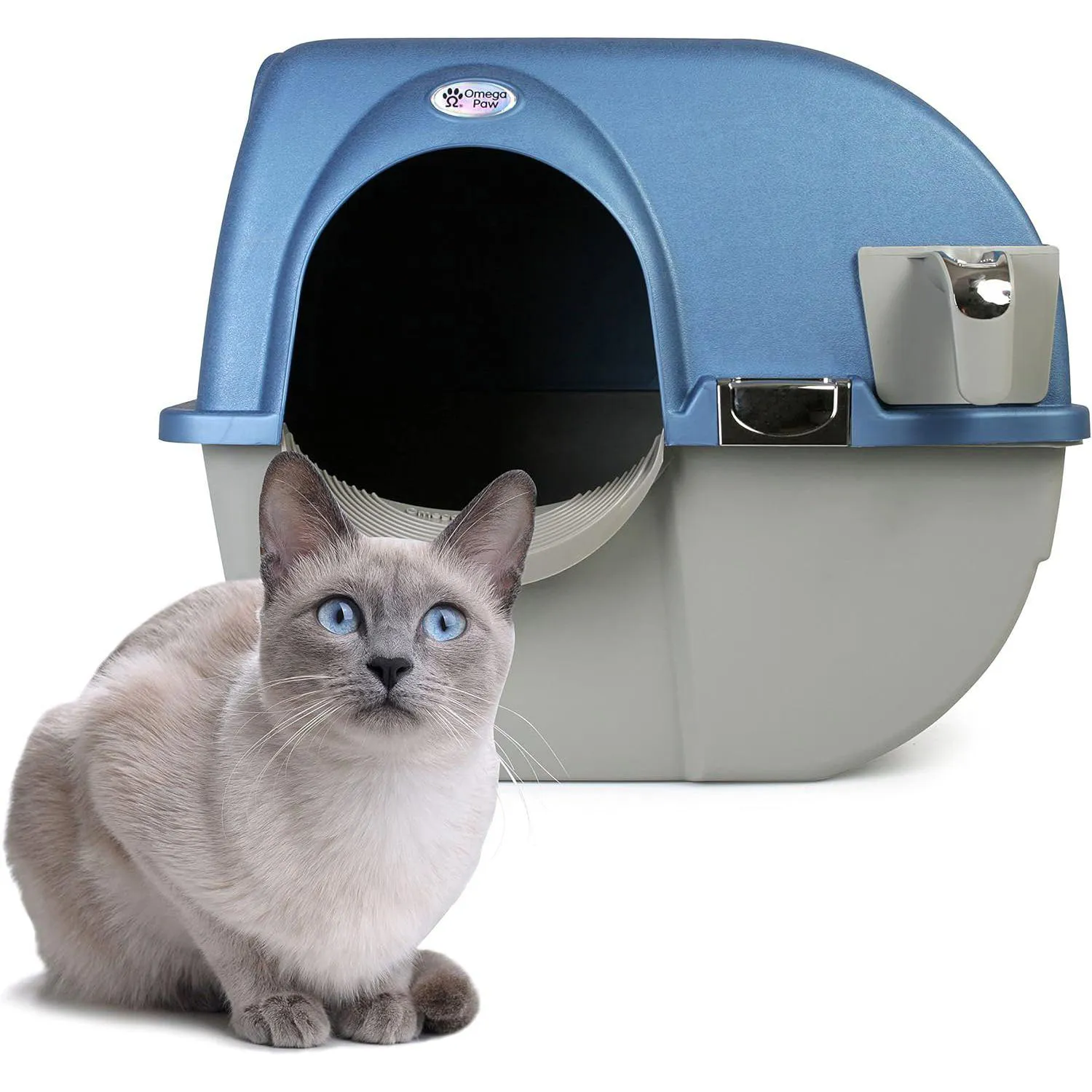 Arenero con Autolimpieza para Gatos Omega Paw Roll 'n Clean Premium Color Azul Perla
