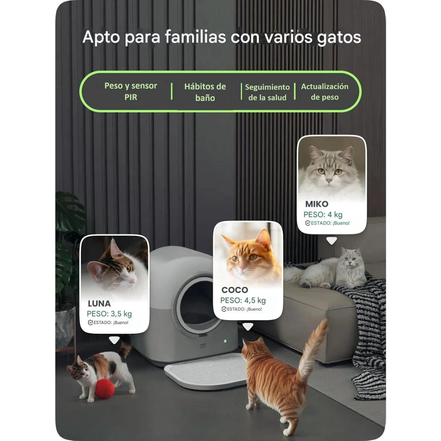 Arenero Automático para Gatos HHOLOVE TYPro 60 L con Control por App y Sistema Manos Libres