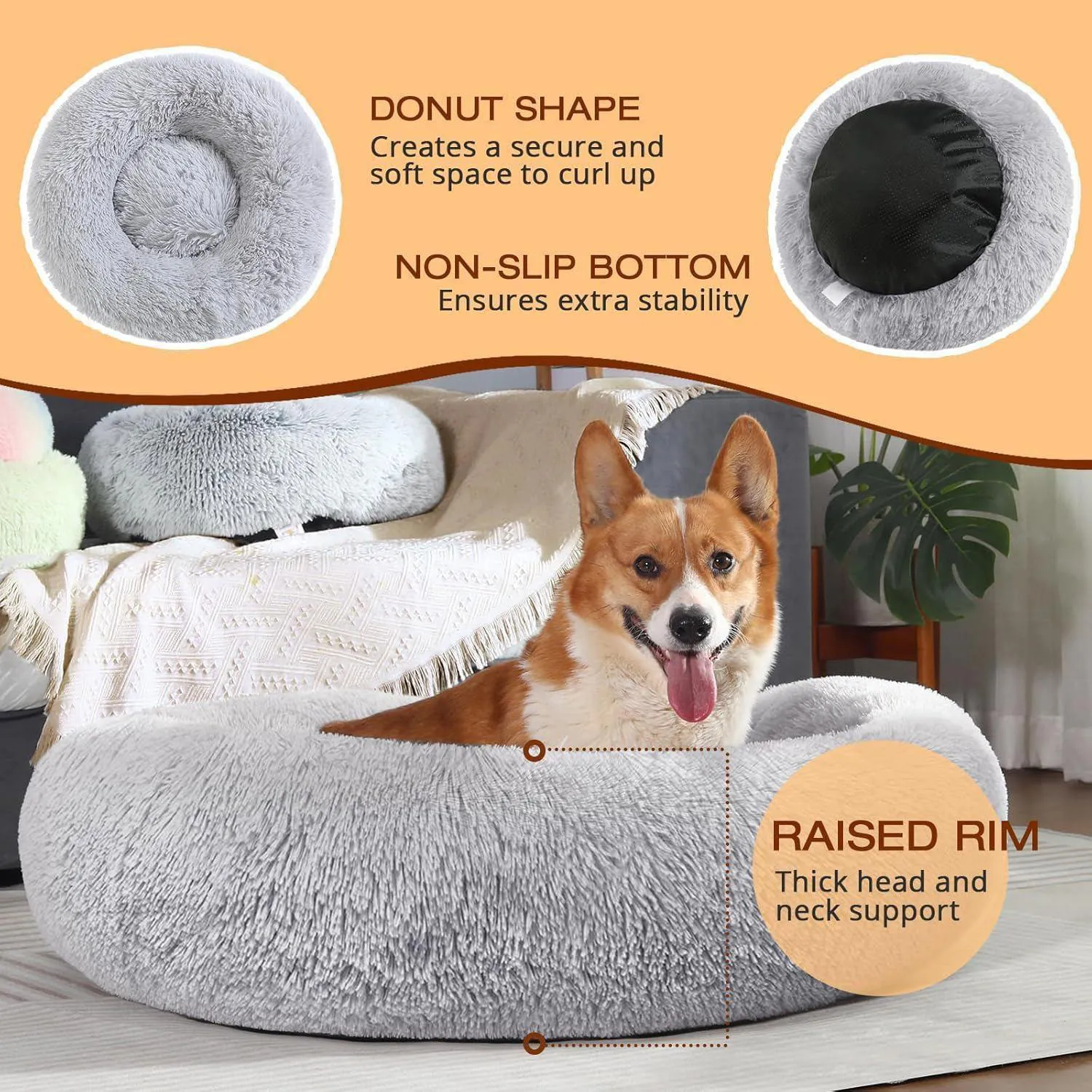 Cama Antiestrés Para Mascotas Jollyvogue Donut Fluffy Color Gris 5