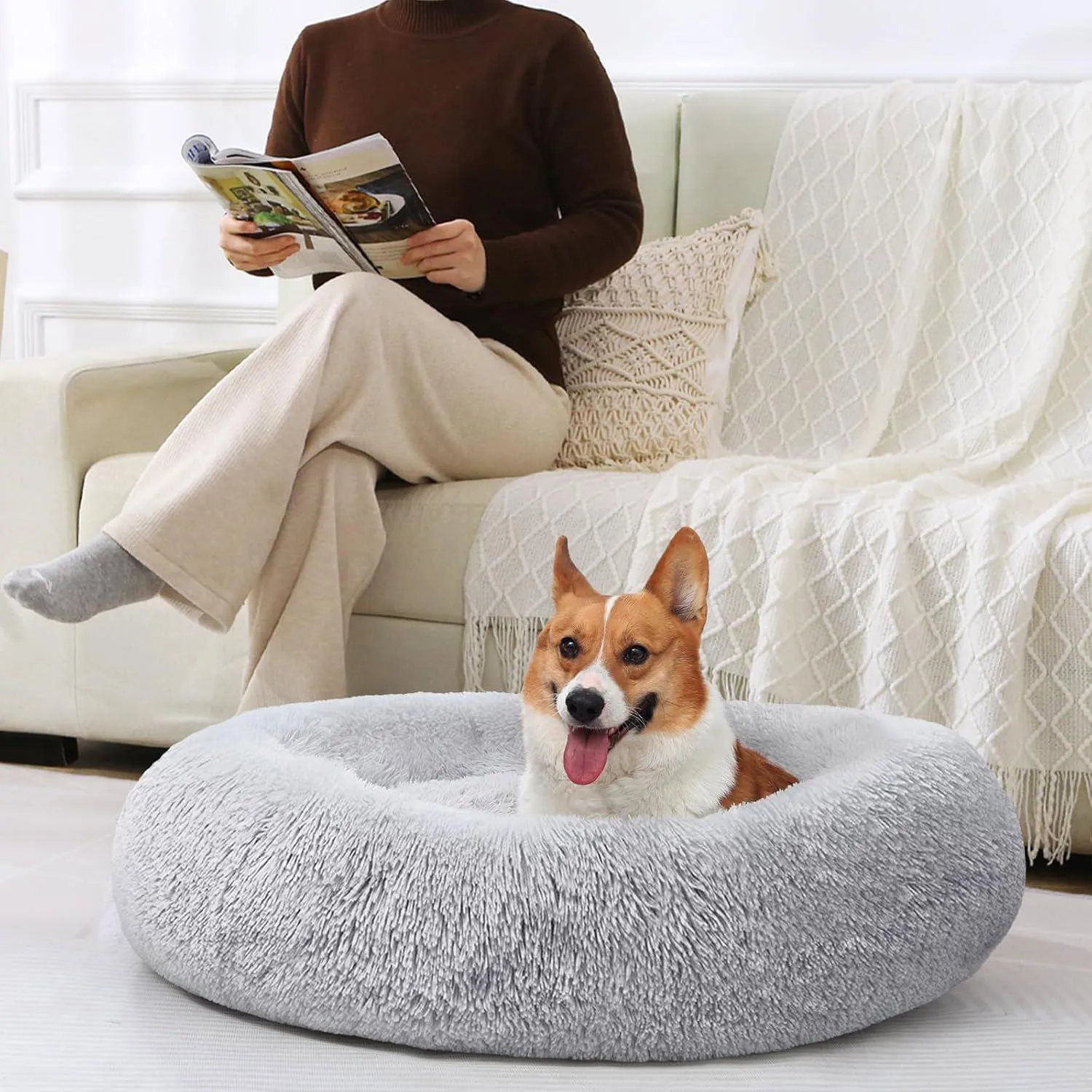 Cama Antiestrés Para Mascotas Jollyvogue Donut Fluffy Color Gris 8