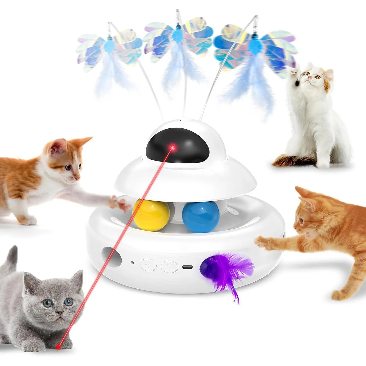 Juguete Automático 4 en 1 para Gato con Mariposa Giratoria y Plumas Interactivas