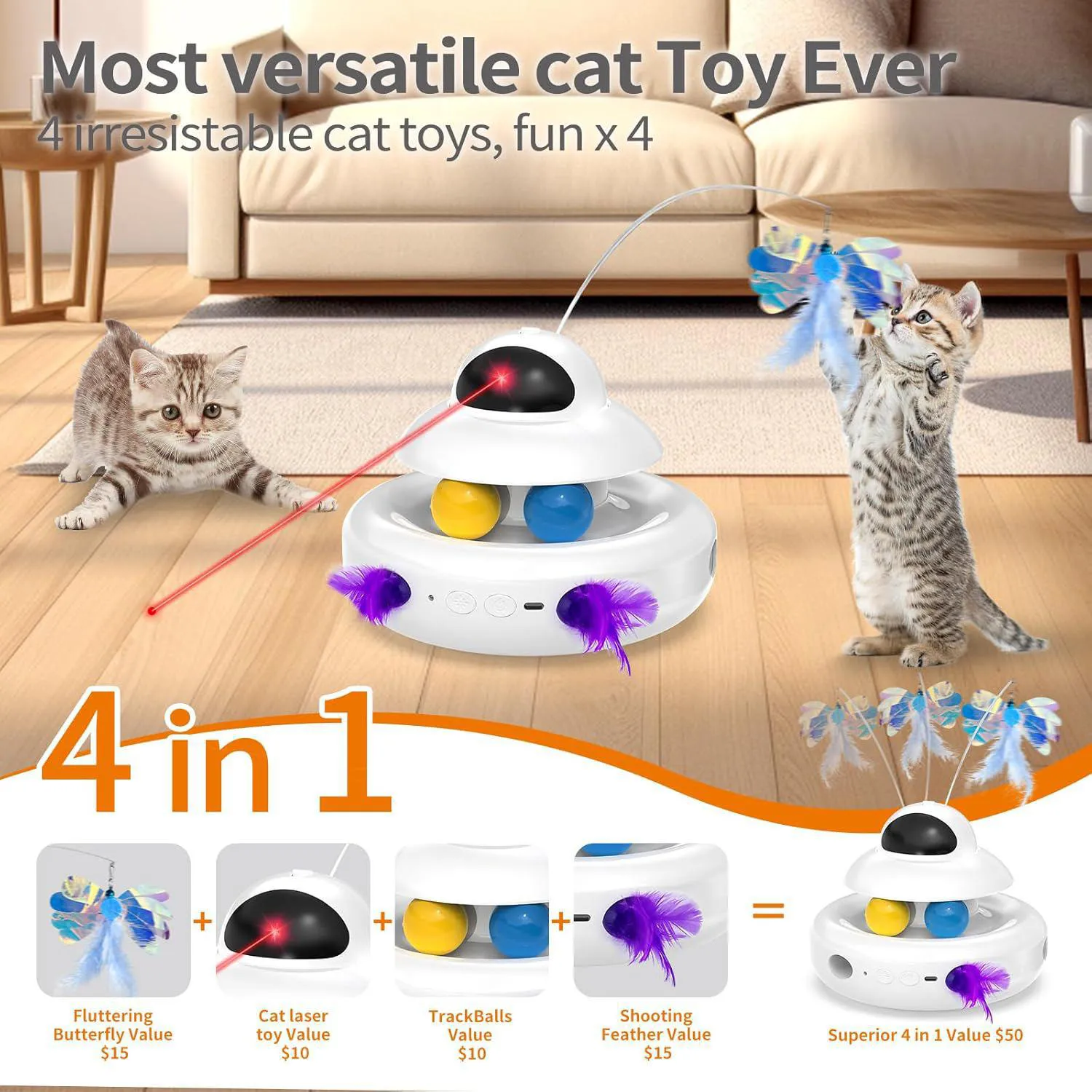 Juguete Automático 4 en 1 para Gato con Mariposa Giratoria y Plumas Interactivas 3
