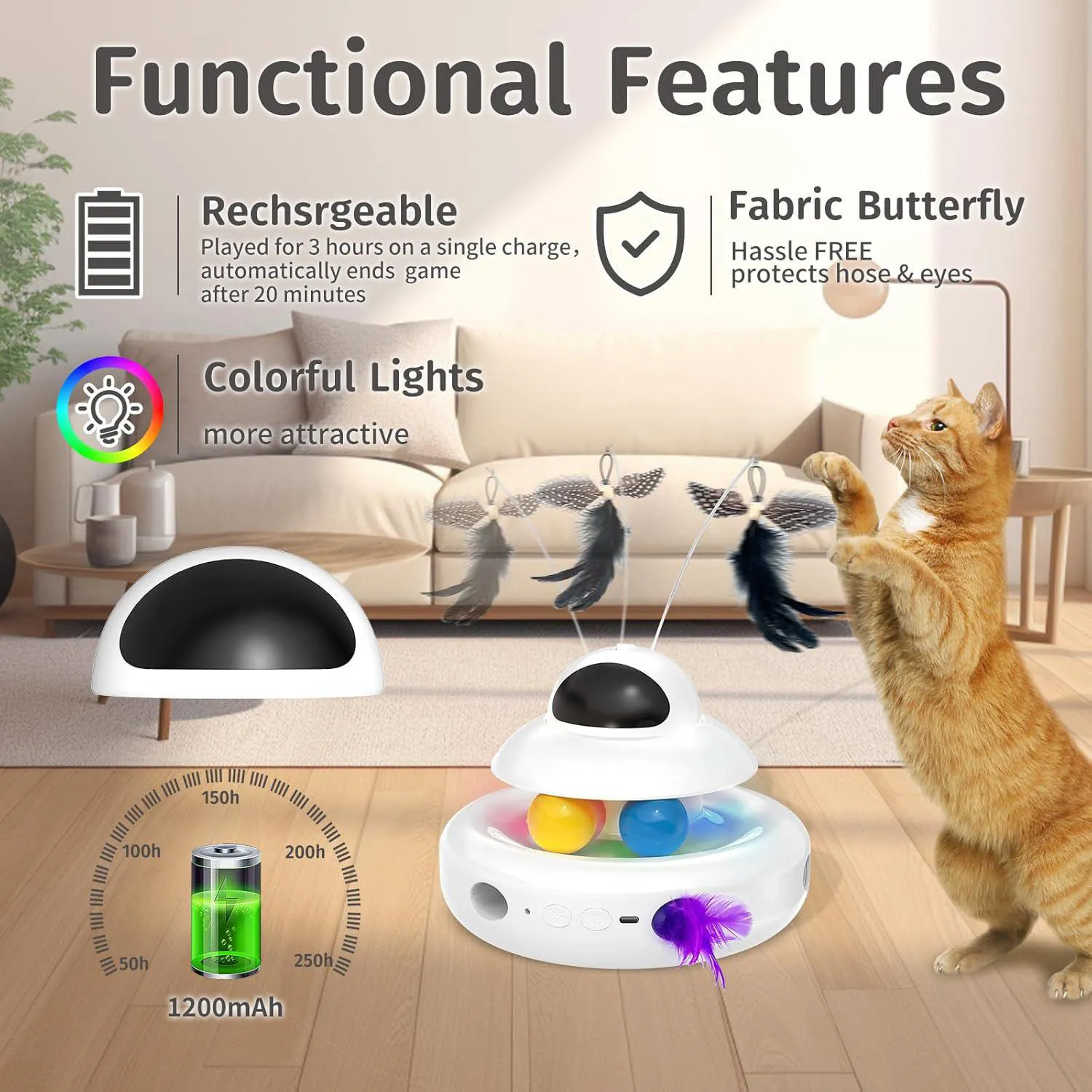 Juguete Automático 4 en 1 para Gato con Mariposa Giratoria y Plumas Interactivas 6