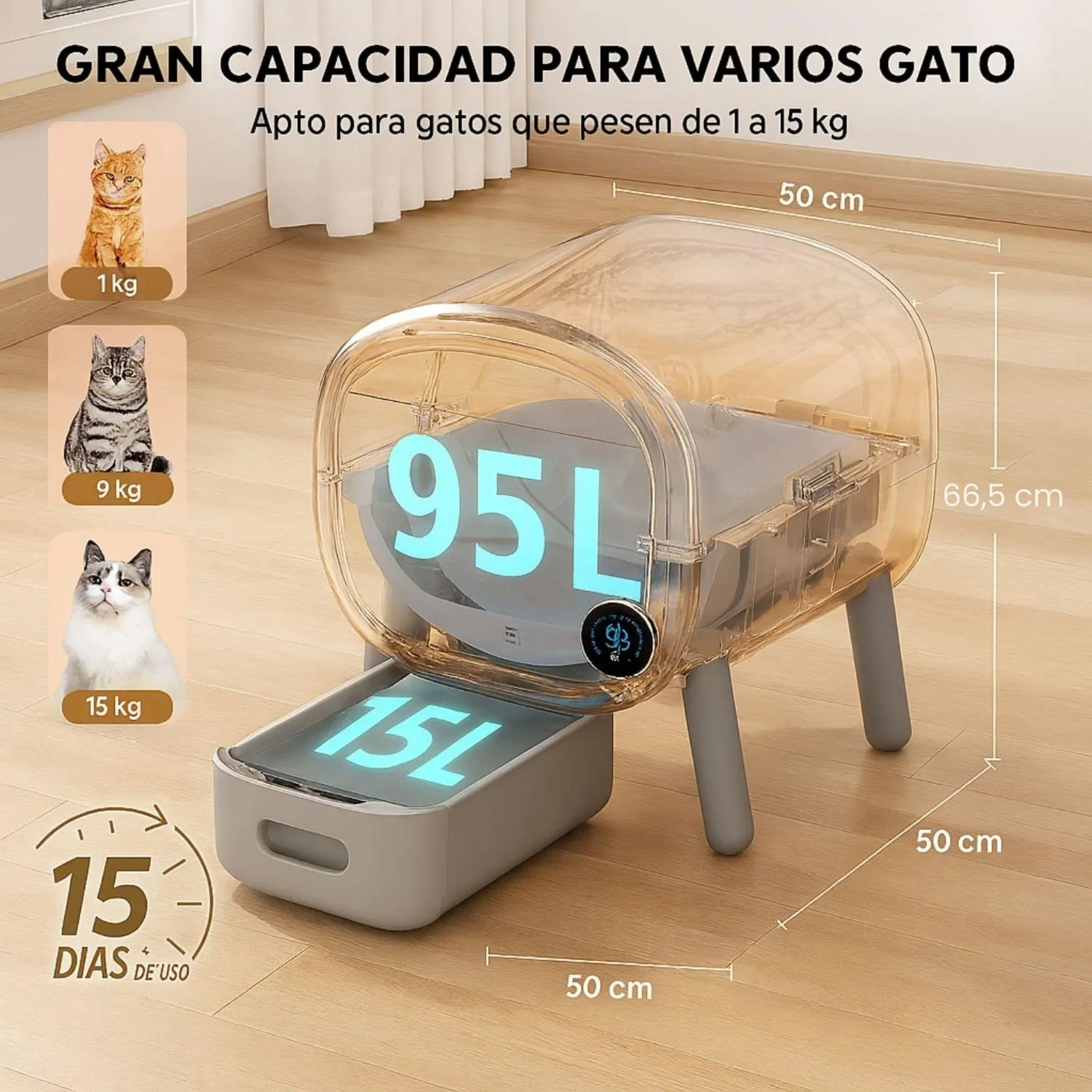 Arenero Automático para Gatos Tayacicy 95 L con Control por App y Cesto Sellado de 15 L 3