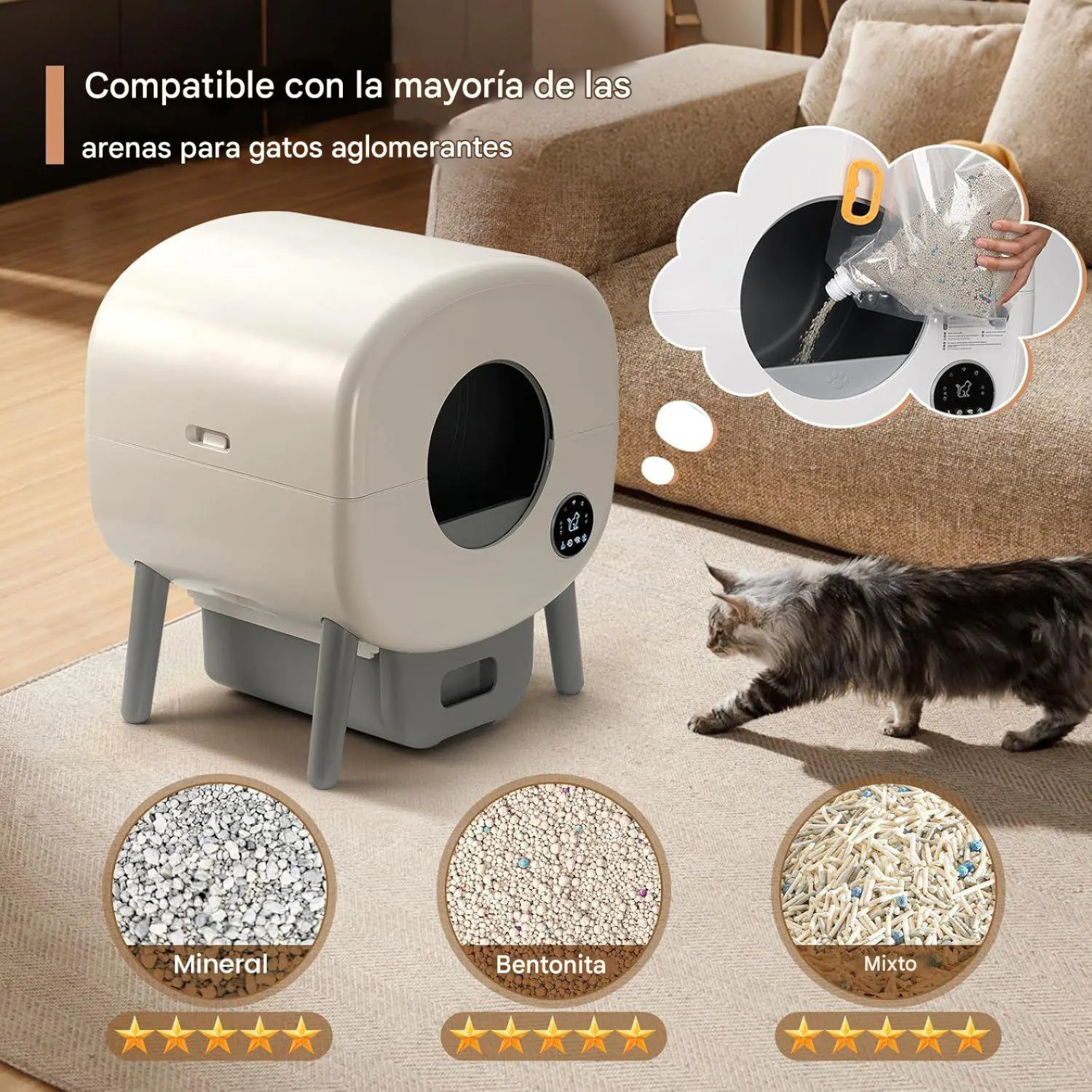 Arenero Automático para Gatos Tayacicy 95 L con Control por App y Cesto Sellado de 15 L 5