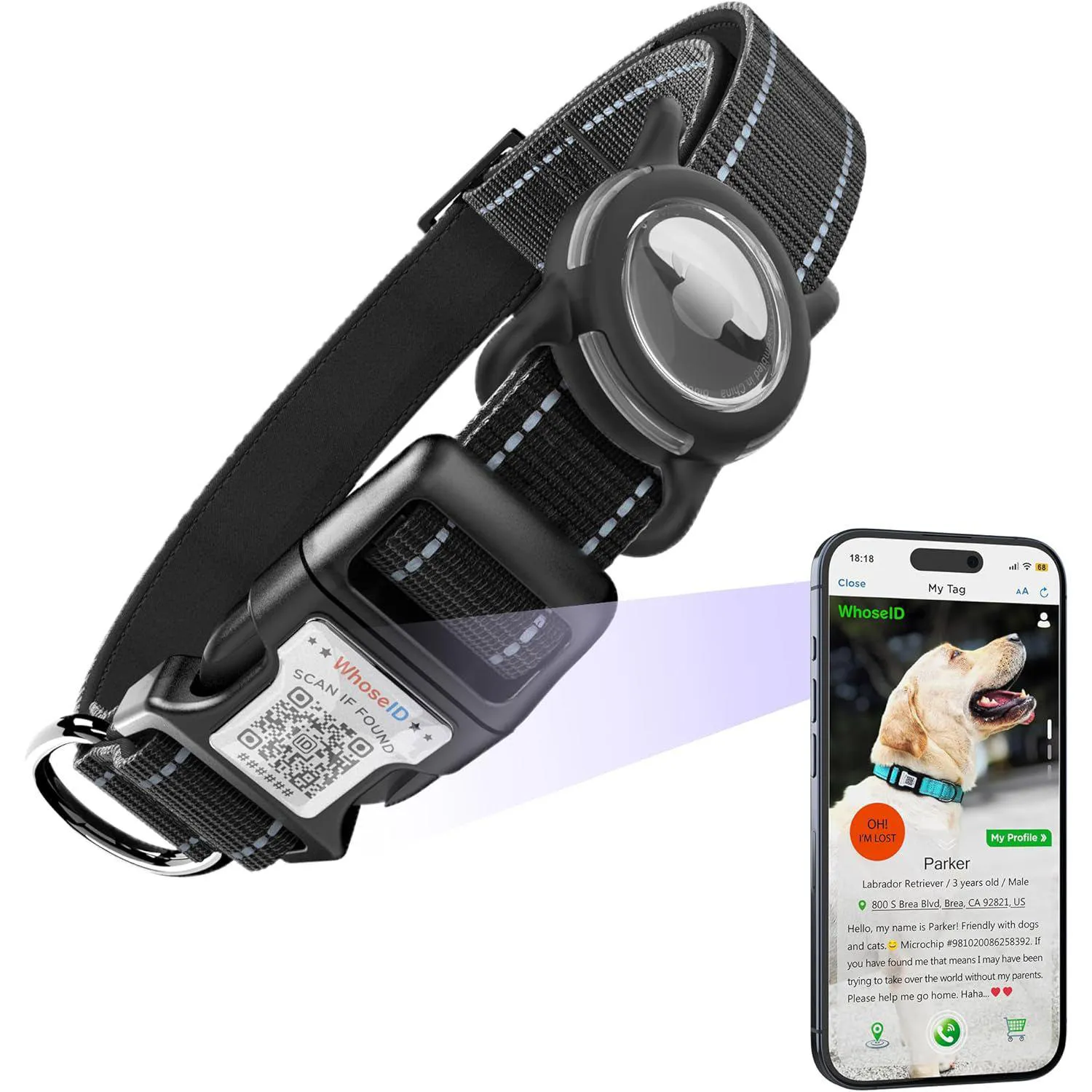 Collar para Perro Reflectante Ajustable con QR y Holder