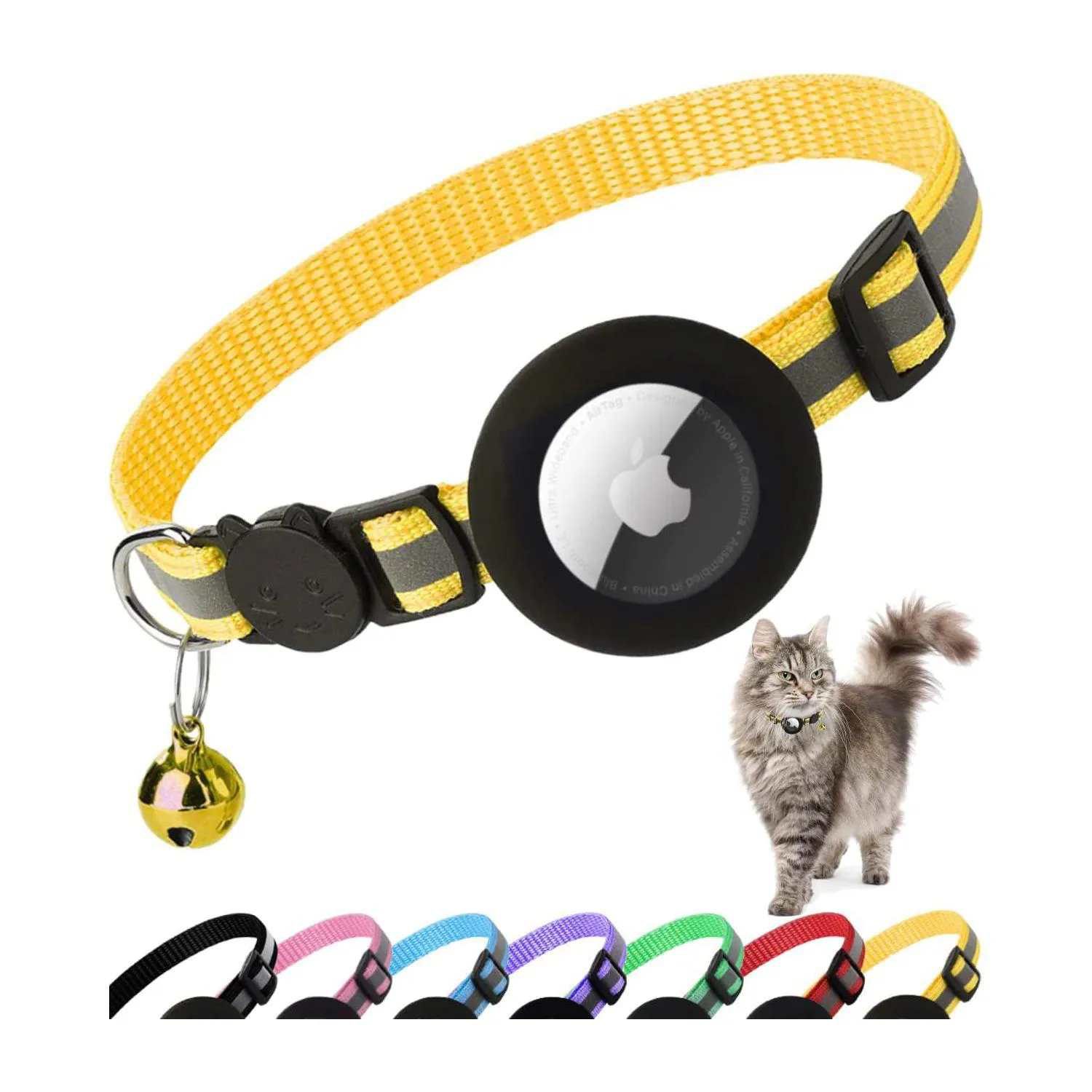 Collar Reflectante para Gato con Soporte Airtag y Campana Dgerp Amarillo
