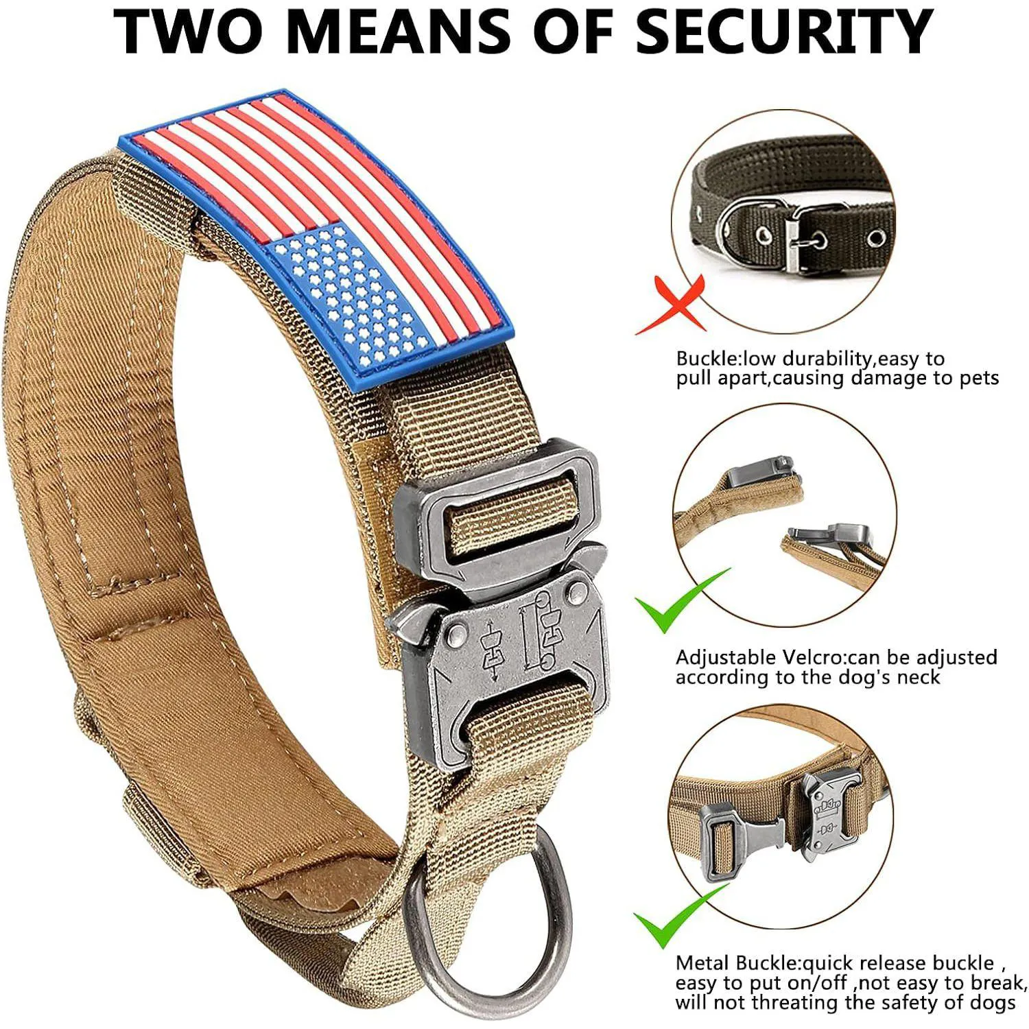 Collar Táctico Para Perro DAGANXI Con Funda Para AirTag Asa Y Parches Marrón 5
