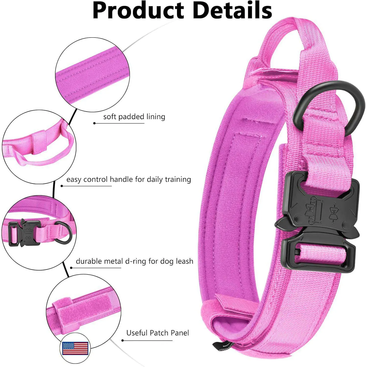 Collar Táctico Para Perro DAGANXI Con Funda Para AirTag Asa Y Parches Rosa 3