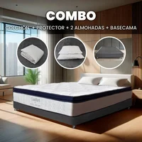 Combo Colchón y Base Cama Confort Doble 140X190cm Medio Firme Ortopédico con Almohada y Protector Set X 4 Unidades