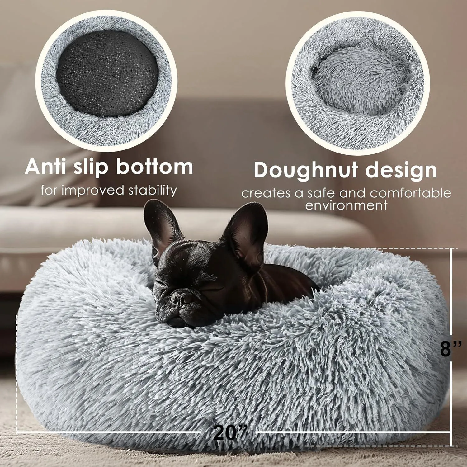 Cama Calmante Redonda para Mascotas Pequeñas Lavable Antideslizante Hoewina 3