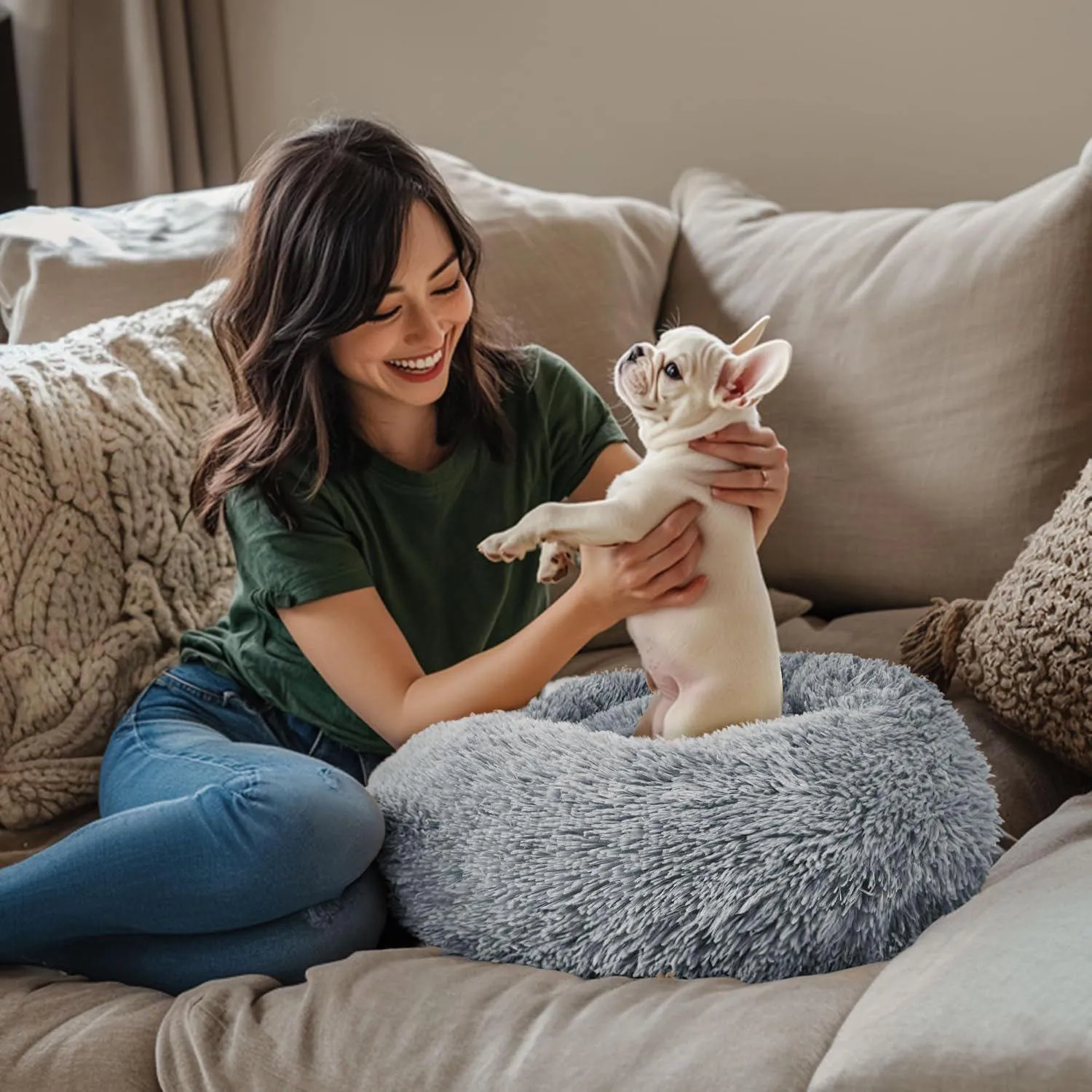 Cama Calmante Redonda para Mascotas Pequeñas Lavable Antideslizante Hoewina 6