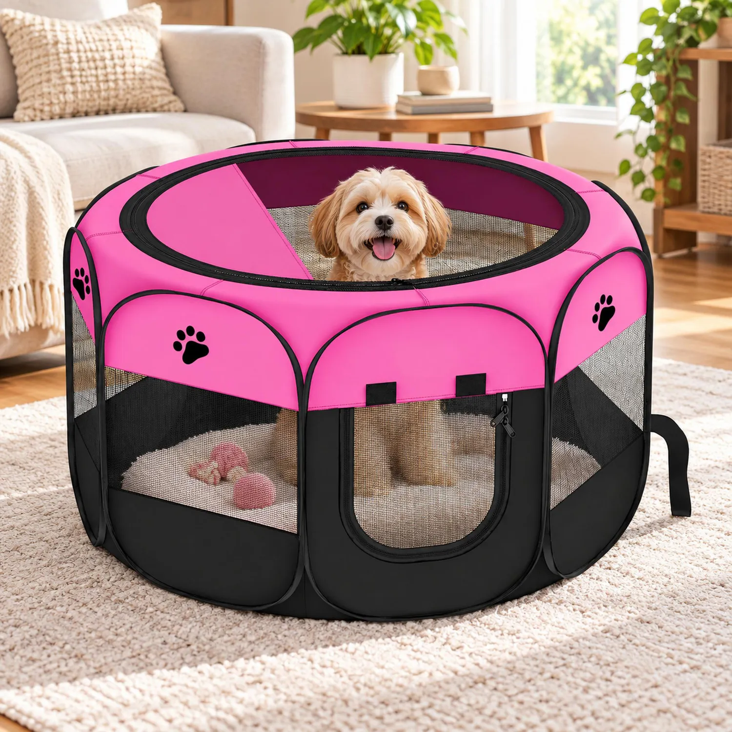 Corral Para Mascotas Portátil 80X74X58Cm Mediano Rosado