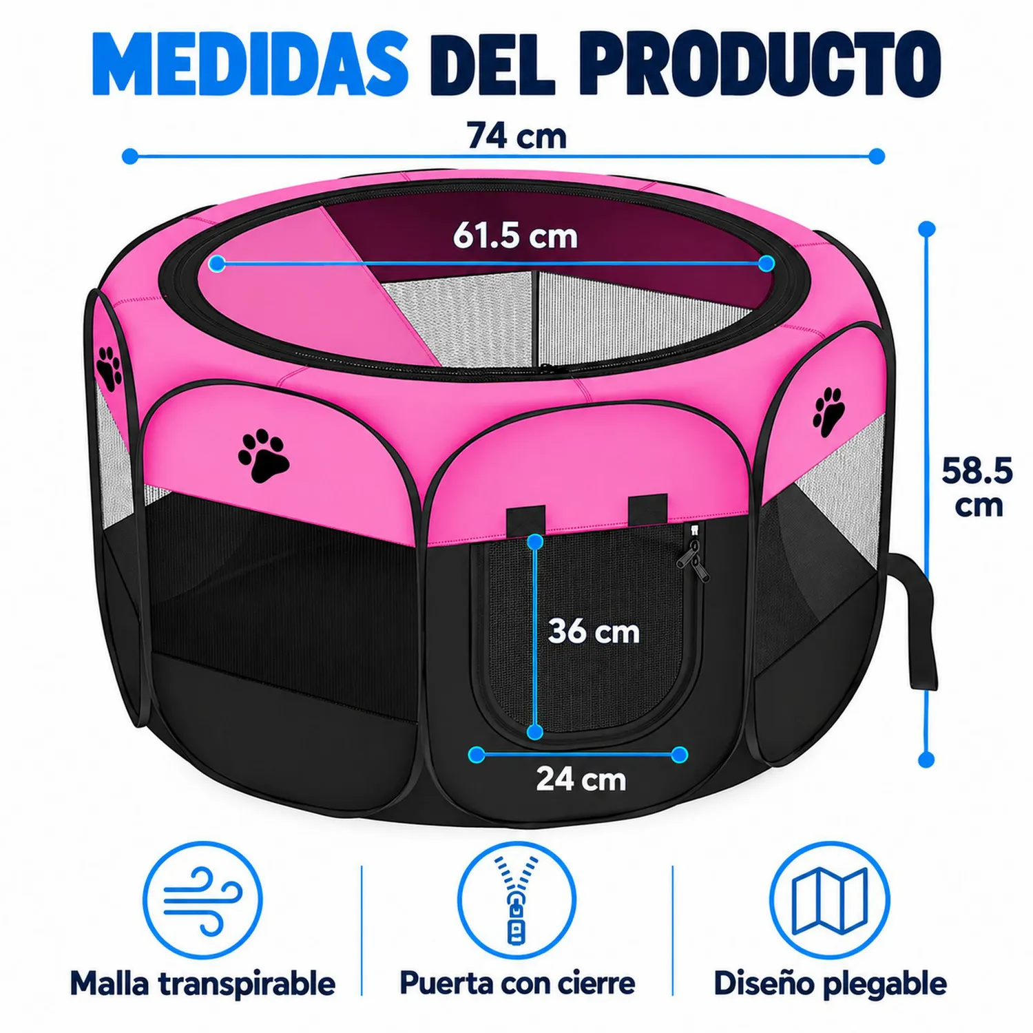 Corral Para Mascotas Portátil 80X74X58Cm Mediano Rosado 3