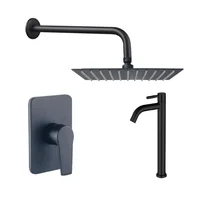 Kit Grifería Ducha Monocontrol Nott Negro +Regadera 20Cm+Brazo Redondo+Grifería Lavamanos Island Alta Agua Fría