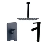 Kit Grifería Ducha Monocontrol Nott Negro +Regadera 20Cm+Brazo Techo+Grifería Mezclador Lavamanos Iris Alta