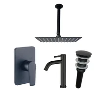 Kit Grifería Ducha Monocontrol Nott Negro +Regadera 20Cm+Brazo Techo+Grifería Lavamanos Island Baja Agua Fría+Desague Push