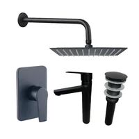 Kit Grifería Ducha Monocontrol Nott Negro +Regadera 20Cm+Brazo Redondo+Grifería Mezclador Lavamanos Nott Alta+Desague Push