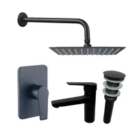 Kit Grifería Ducha Monocontrol Nott Negro +Regadera 20Cm+Brazo Redondo+Grifería Mezclador Lavamanos Nott Baja+Desague Push