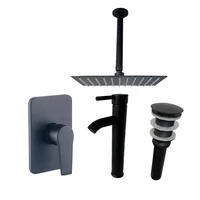 Kit Grifería Ducha Monocontrol Nott Negro +Regadera 20Cm+Brazo Techo+Grifería Mezclador Lavamanos Iris Alta+Desague Push
